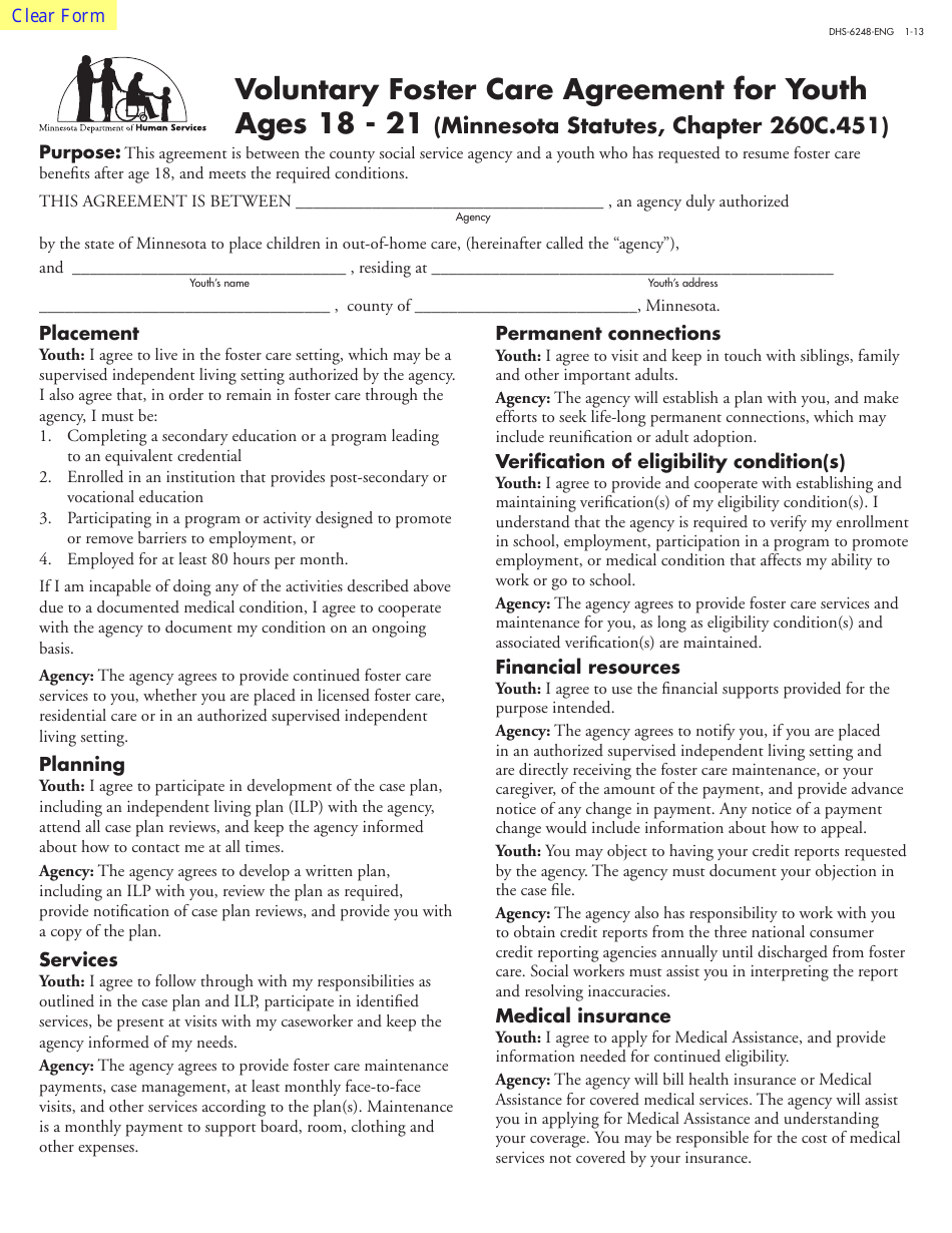 Form DHS-6248-ENG Voluntary Foster Care Agreement for Youth Ages 18-21 (Minnesota Statutes, Chapter 260c.451) - Minnesota, Page 1