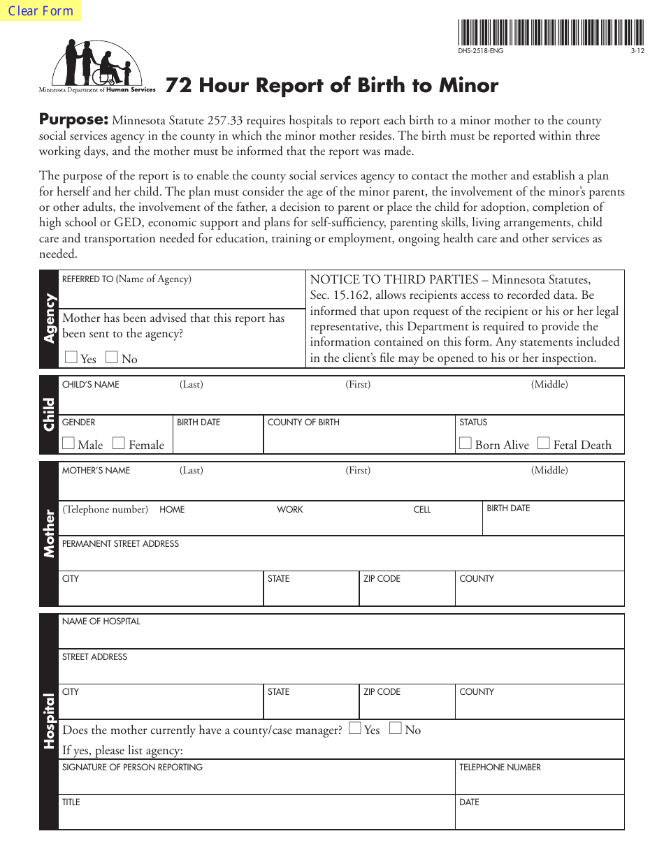 Form DHS-2518-ENG 72 Hour Report of Birth to Minor - Minnesota, Page 1