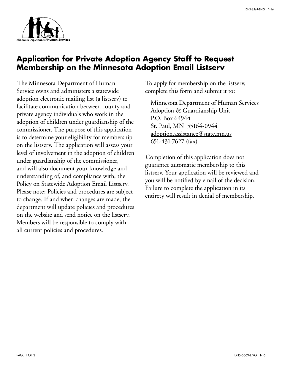 Form DHS-6569-ENG Application for Private Adoption Agency Staff to Request Membership on the Minnesota Adoption Email Listserv - Minnesota, Page 1
