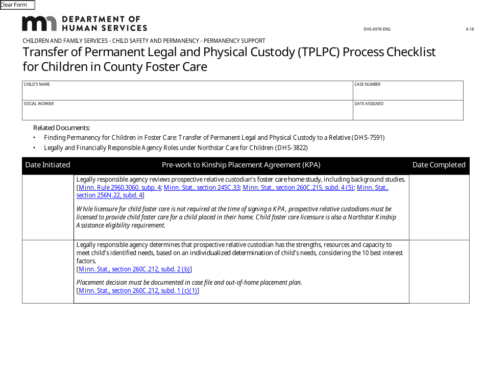 Form DHS-6978-ENG Transfer of Permanent Legal and Physical Custody (Tplpc) Process Checklist for Children in County Foster Care - Minnesota, Page 1