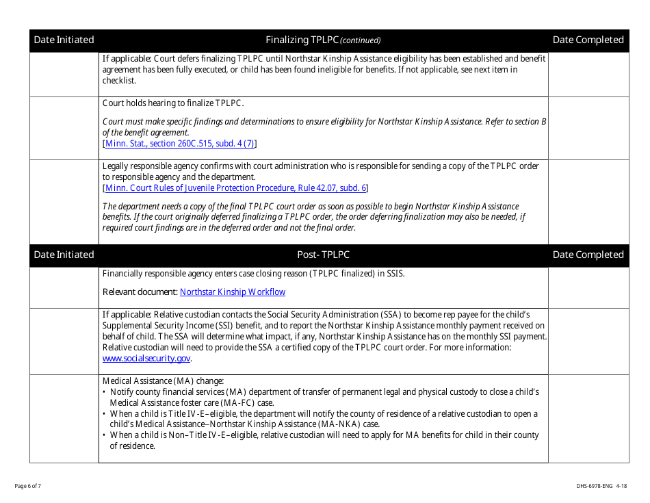 Form DHS-6978-ENG Transfer of Permanent Legal and Physical Custody (Tplpc) Process Checklist for Children in County Foster Care - Minnesota, Page 6