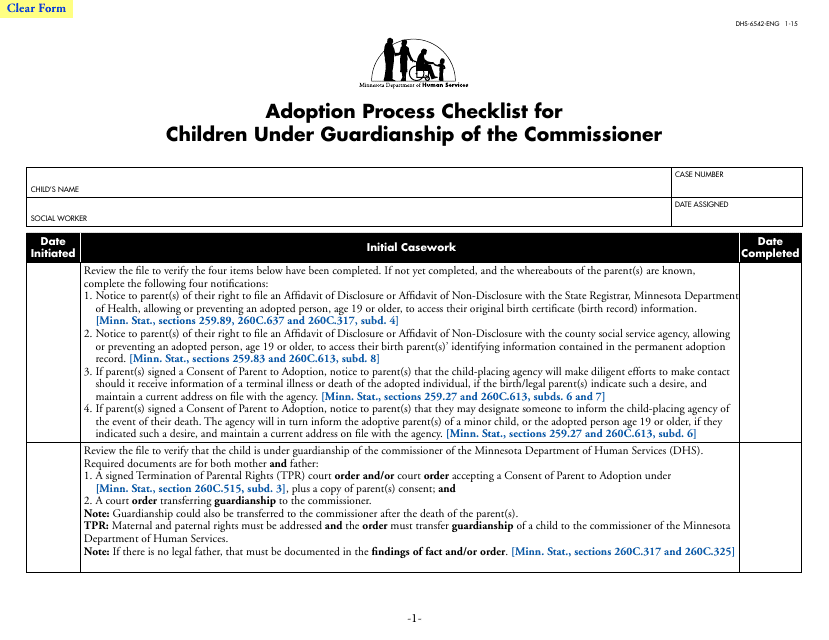 Form DHS-6542-ENG Adoption Process Checklist for Children Under Guardianship of the Commissioner - Minnesota