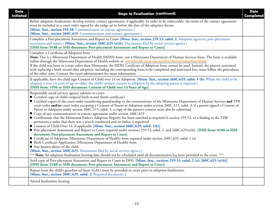 Form DHS-6542-ENG Adoption Process Checklist for Children Under Guardianship of the Commissioner - Minnesota, Page 15