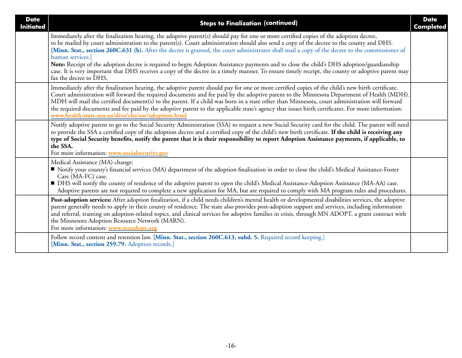 Form DHS-6542-ENG Adoption Process Checklist for Children Under Guardianship of the Commissioner - Minnesota, Page 16
