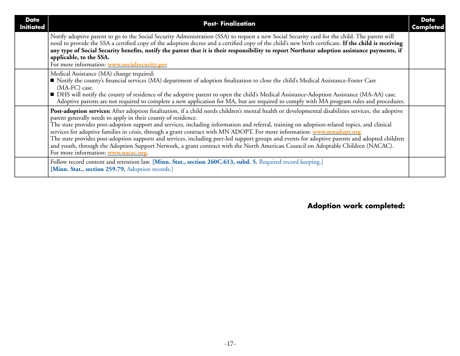 Form DHS-6542-ENG Adoption Process Checklist for Children Under Guardianship of the Commissioner - Minnesota, Page 17