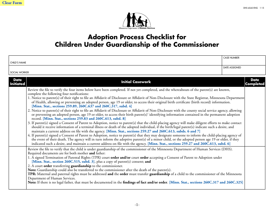Form DHS-6542-ENG Adoption Process Checklist for Children Under Guardianship of the Commissioner - Minnesota, Page 1