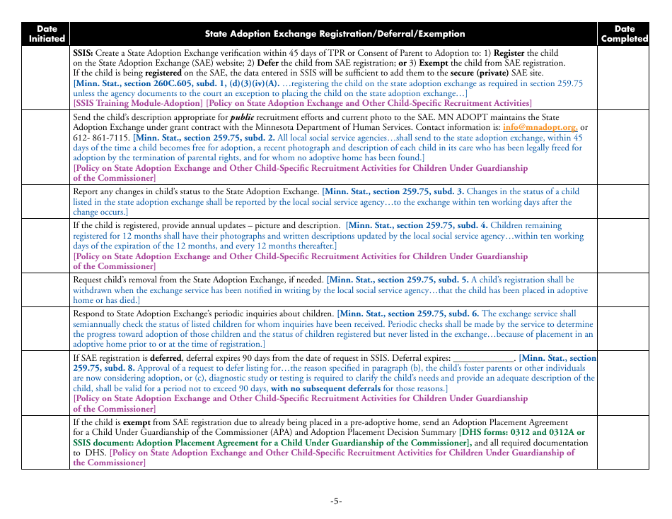 Form DHS-6542-ENG Adoption Process Checklist for Children Under Guardianship of the Commissioner - Minnesota, Page 5