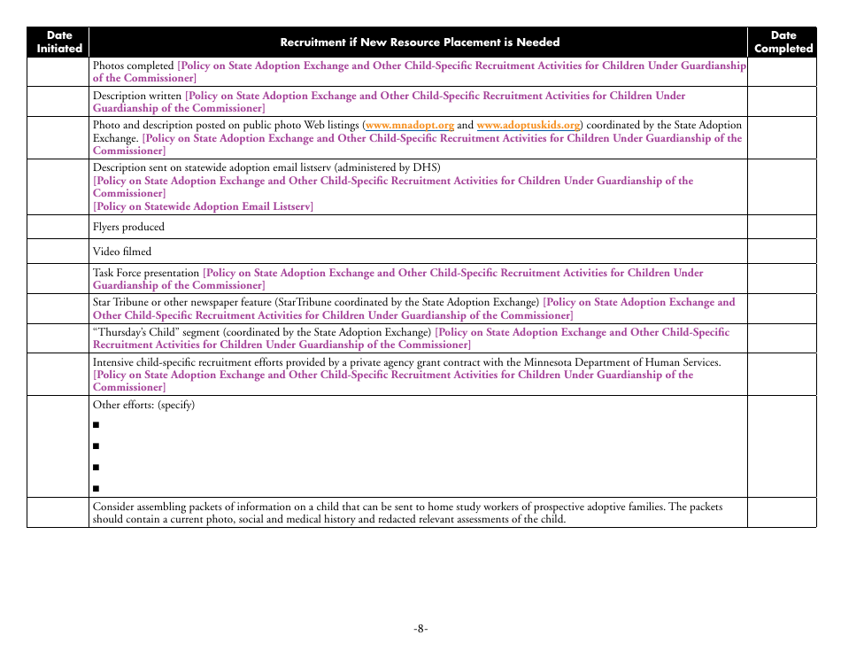 Form DHS-6542-ENG Adoption Process Checklist for Children Under Guardianship of the Commissioner - Minnesota, Page 8