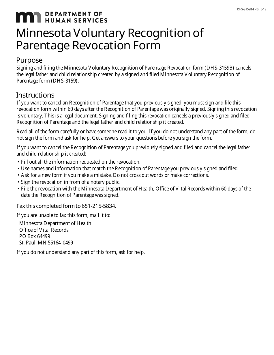 Form DHS-3159B-ENG Minnesota Voluntary Recognition of Parentage Revocation Form - Minnesota, Page 1