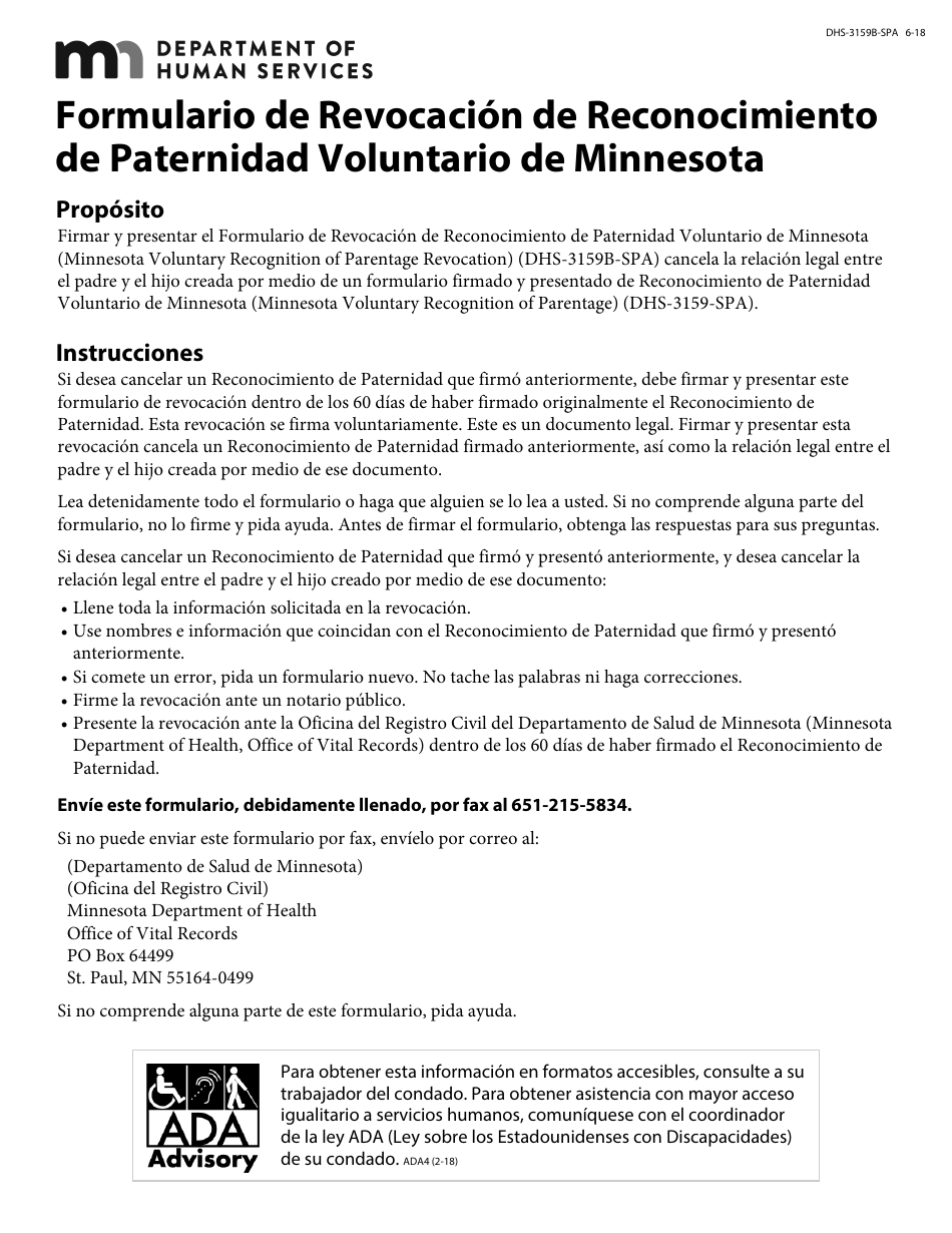 Formulario DHS-3159B-SPA Formulario De Revocacion De Reconocimiento De Paternidad Voluntario De Minnesota - Minnesota (Spanish), Page 1