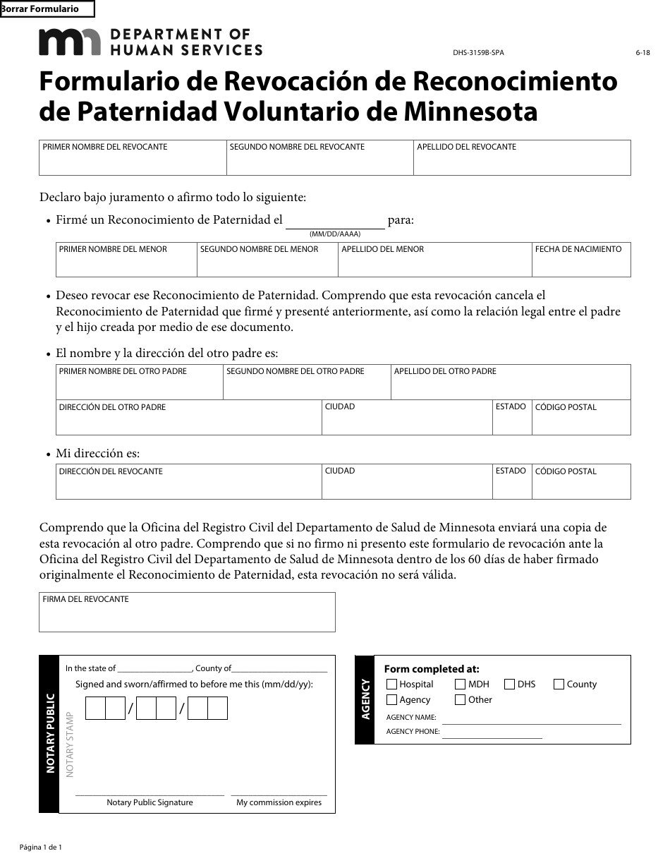 Formulario DHS-3159B-SPA Formulario De Revocacion De Reconocimiento De Paternidad Voluntario De Minnesota - Minnesota (Spanish), Page 2