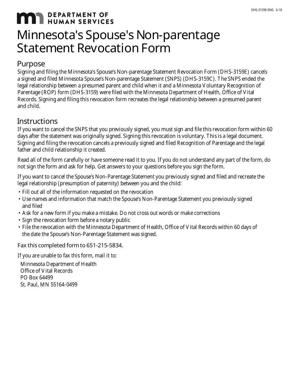 Form DHS-3159E-ENG Minnesotas Spouses Non-parentage Statement Revocation Form - Minnesota, Page 1