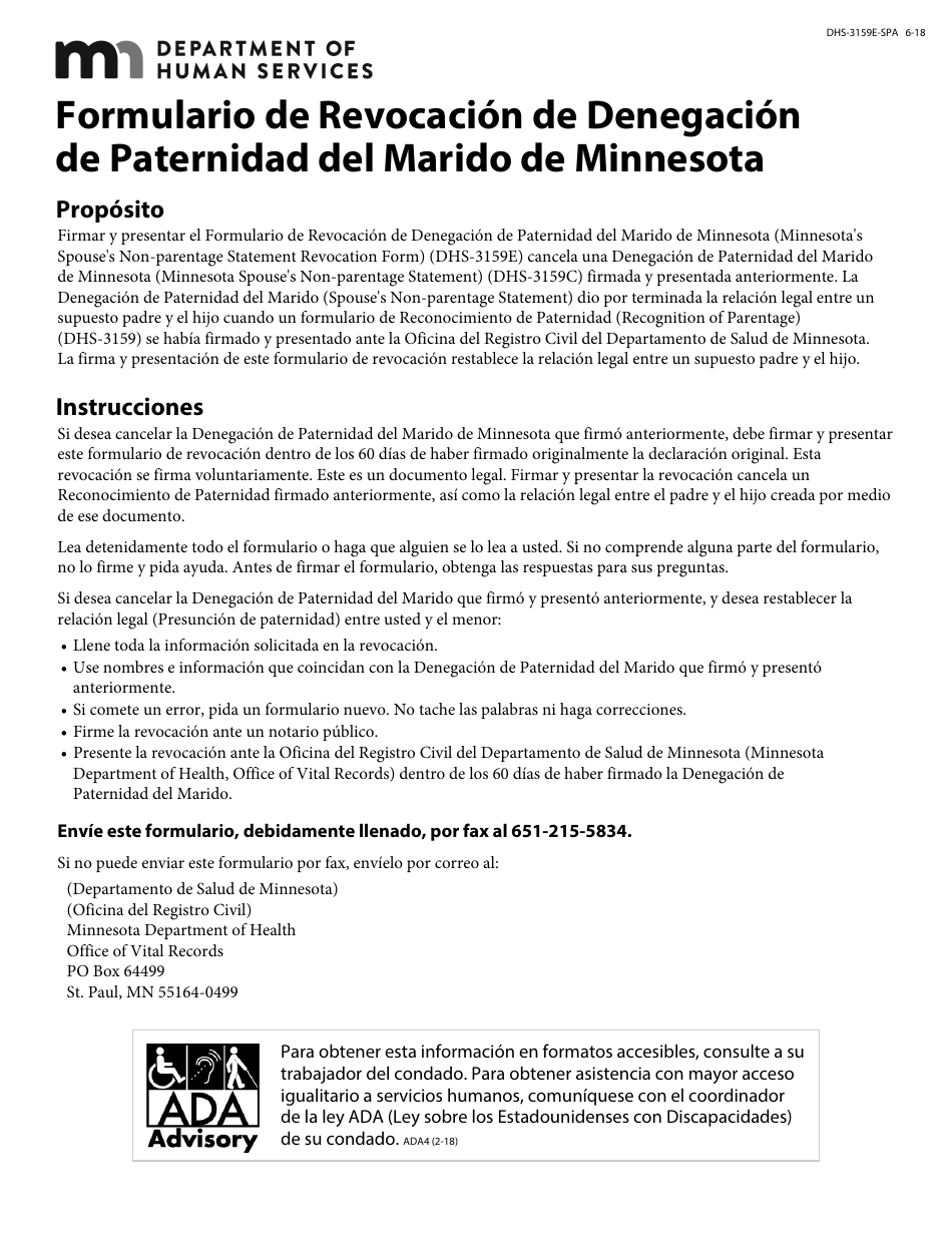 Formulario DHS-3159E-SPA Formulario De Revocacion De Denegacion De Paternidad Del Marido De Minnesota - Minnesota (Spanish), Page 1