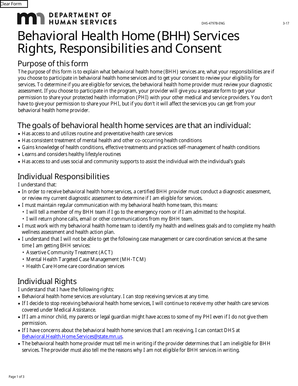 Form DHS-4797B-ENG Behavioral Health Home (Bhh) Services Rights, Responsibilities and Consent - Minnesota, Page 1