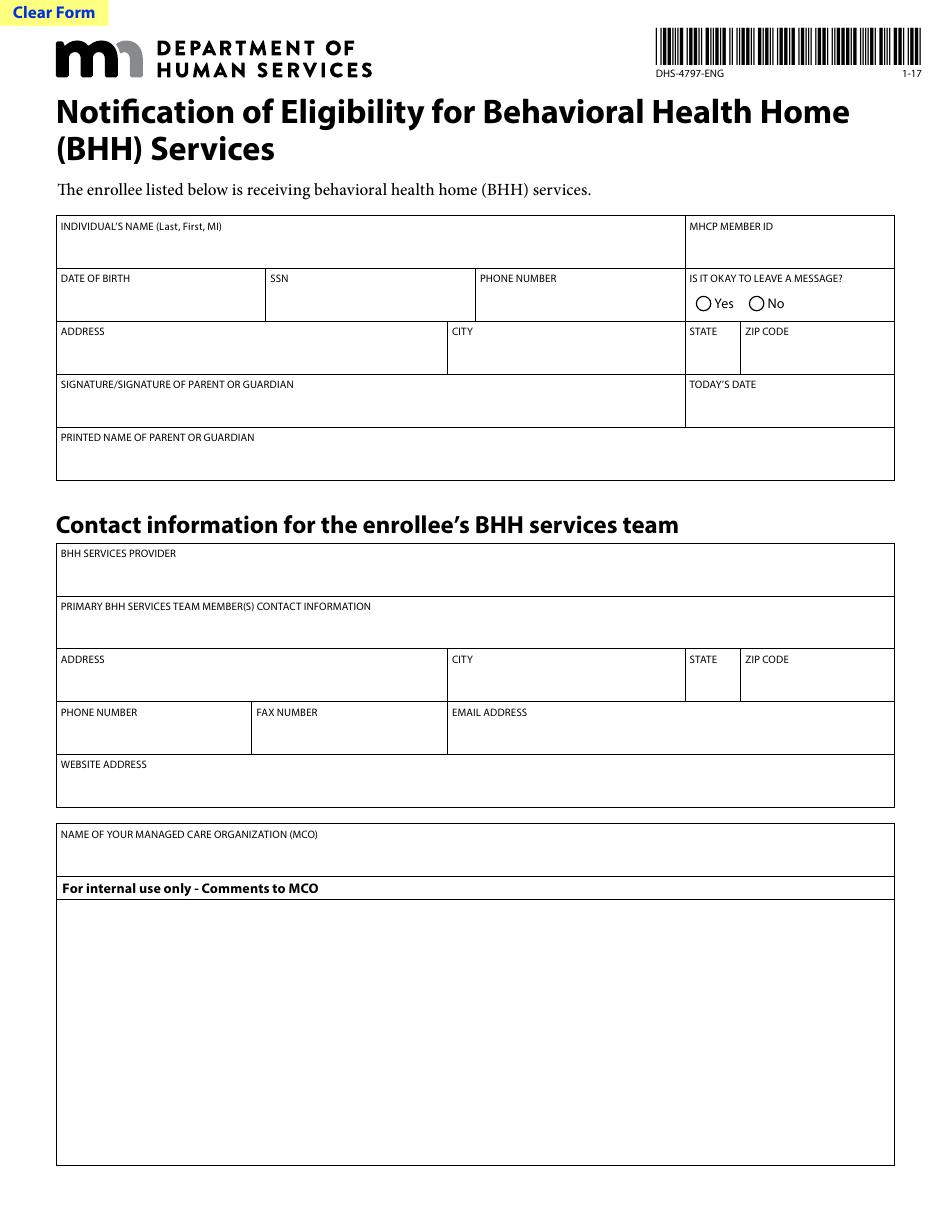Form DHS-4797-ENG Notification of Eligibility for Behavioral Health Home (Bhh) Services - Minnesota, Page 1