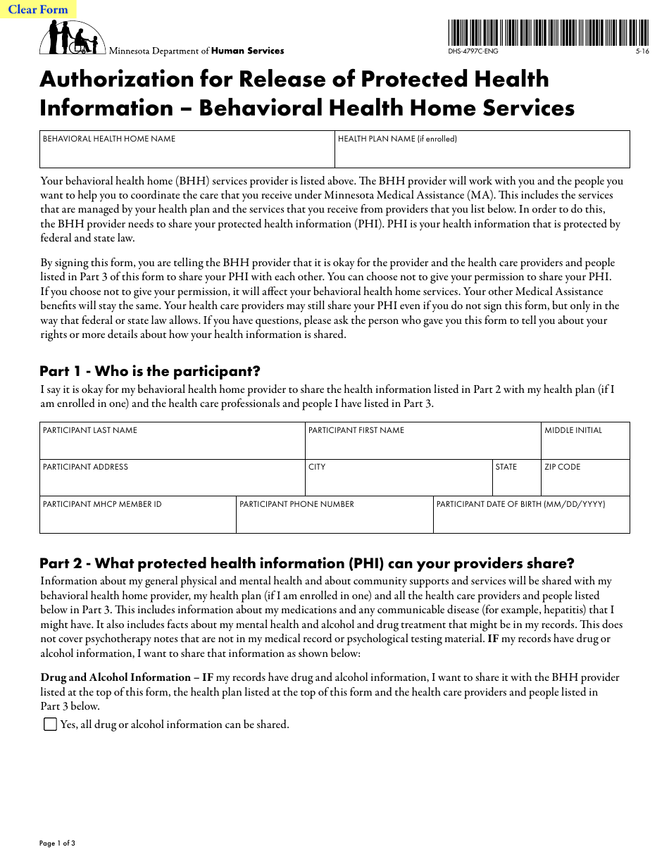 Form DHS-4797C-ENG Authorization for Release of Protected Health Information - Behavioral Health Home Services - Minnesota, Page 1