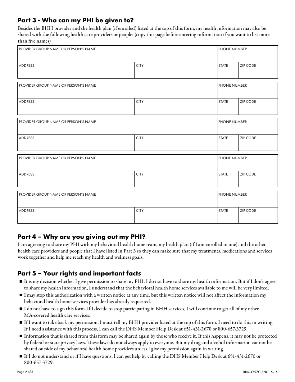 Form DHS-4797C-ENG Authorization for Release of Protected Health Information - Behavioral Health Home Services - Minnesota, Page 2