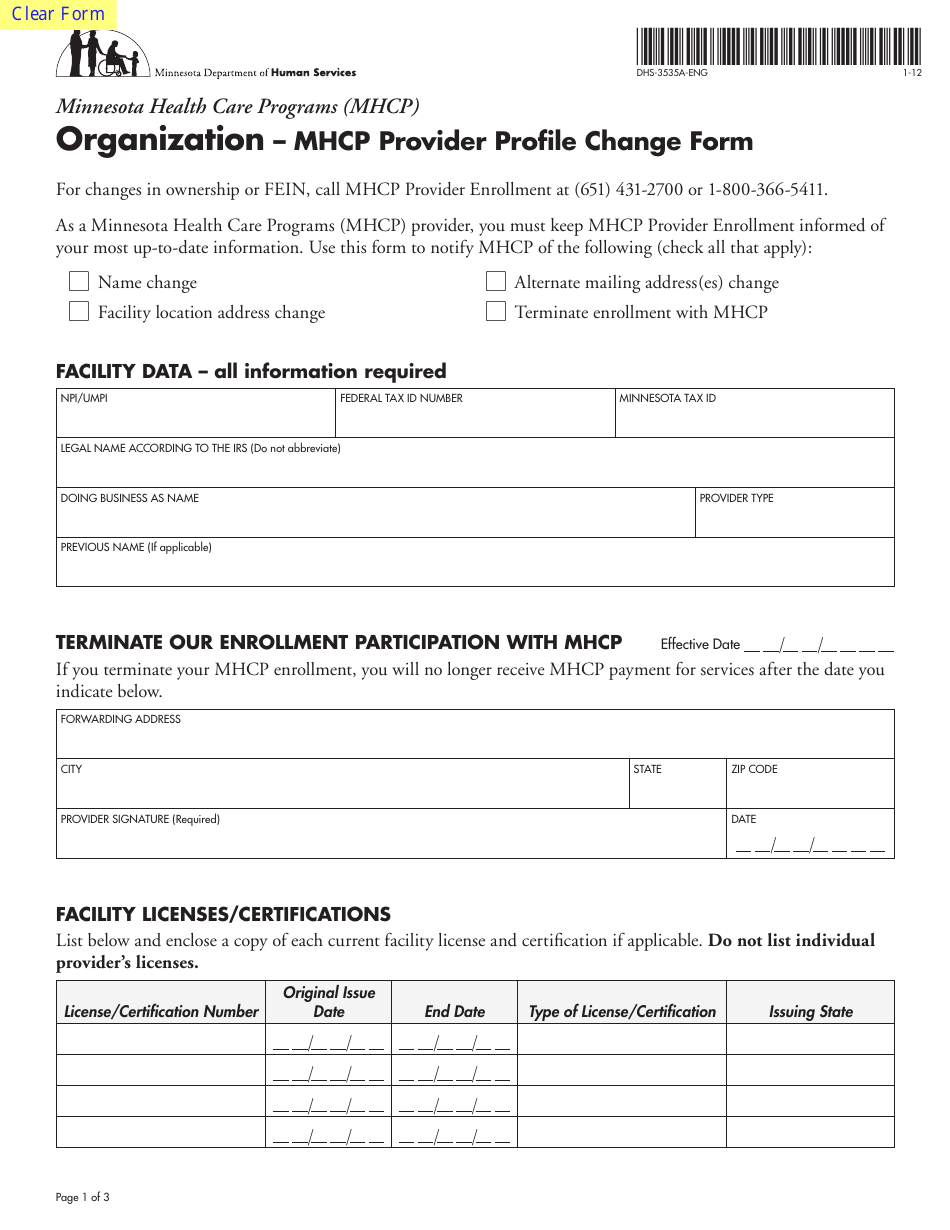 Form DHS-3535A-ENG Organization - Mhcp Provider Profile Change Form - Minnesota, Page 1