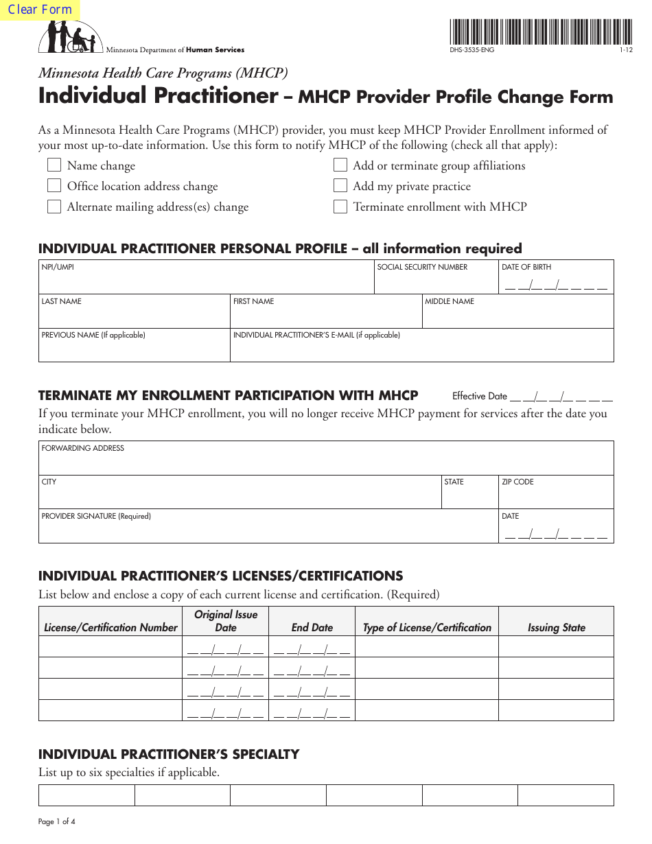 Form DHS-3535-ENG Individual Practitioner - Mhcp Provider Profile Change Form - Minnesota, Page 1