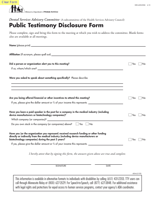 Form DHS-6202-ENG Public Testimony Disclosure Form - Minnesota