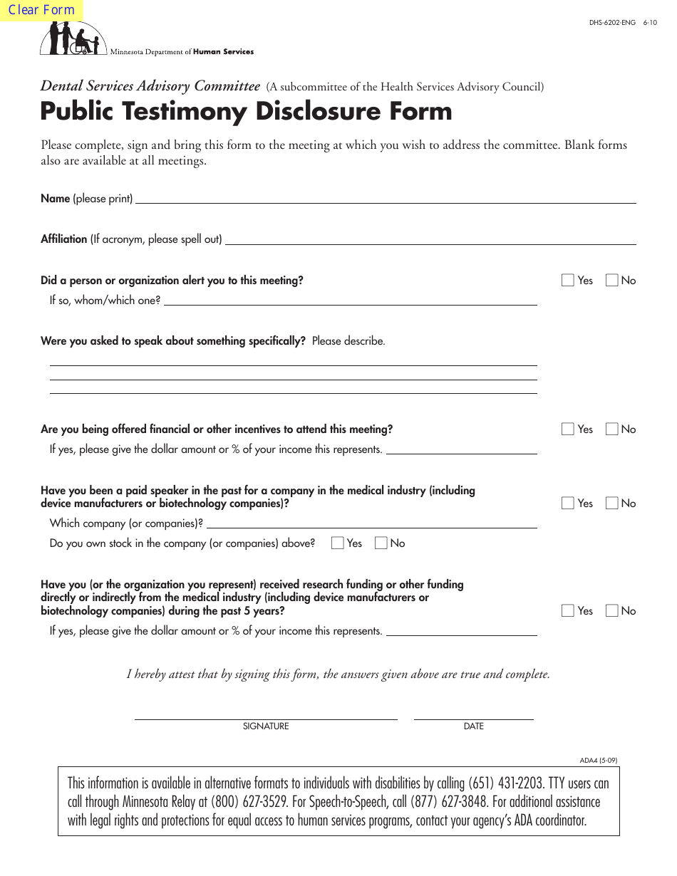 Form DHS-6202-ENG Public Testimony Disclosure Form - Minnesota, Page 1