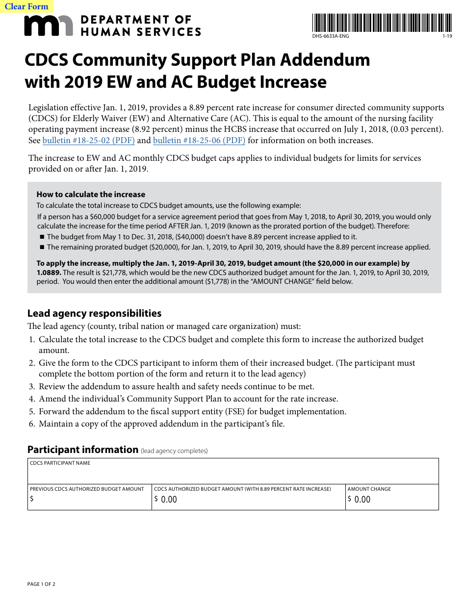 Form DHS-6633A-ENG CDCs Community Support Plan Addendum - Minnesota, Page 1