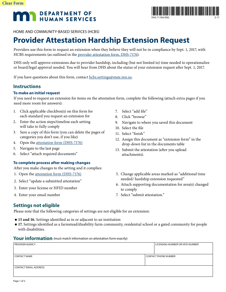Form DHS-7176A-ENG Hcbs Provider Attestation Hardship Extension Request - Minnesota, Page 1