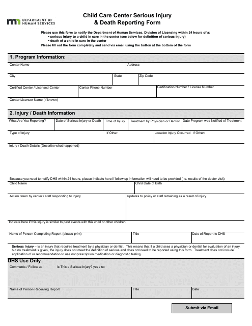 Child Care Center Serious Injury & Death Reporting Form - Minnesota