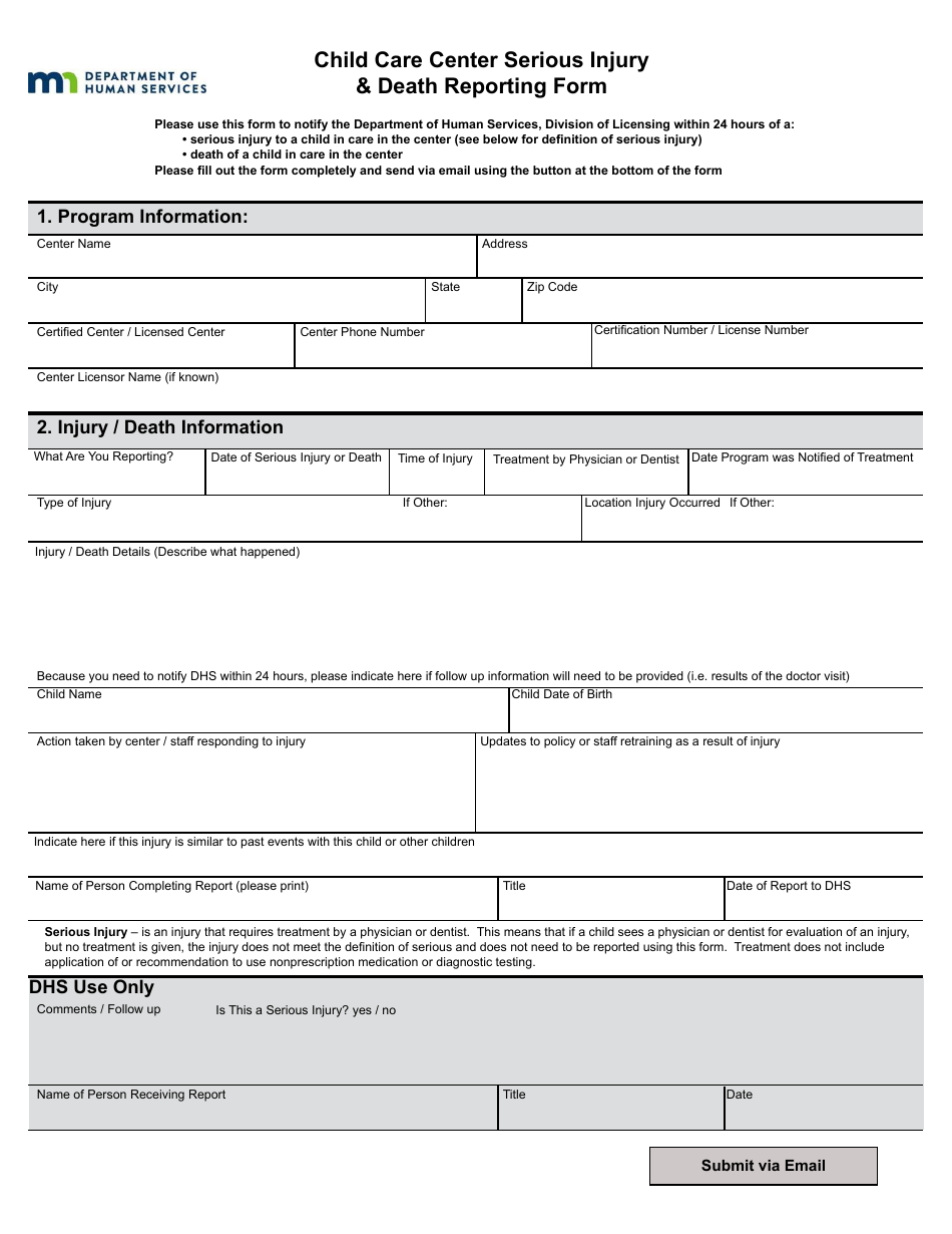 Child Care Center Serious Injury  Death Reporting Form - Minnesota, Page 1