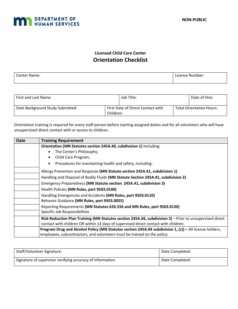 Minnesota Orientation Checklist Nonpublic Licensed Child Care