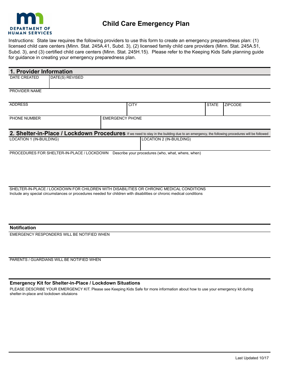 Child Care Emergency Plan Form - Minnesota, Page 1