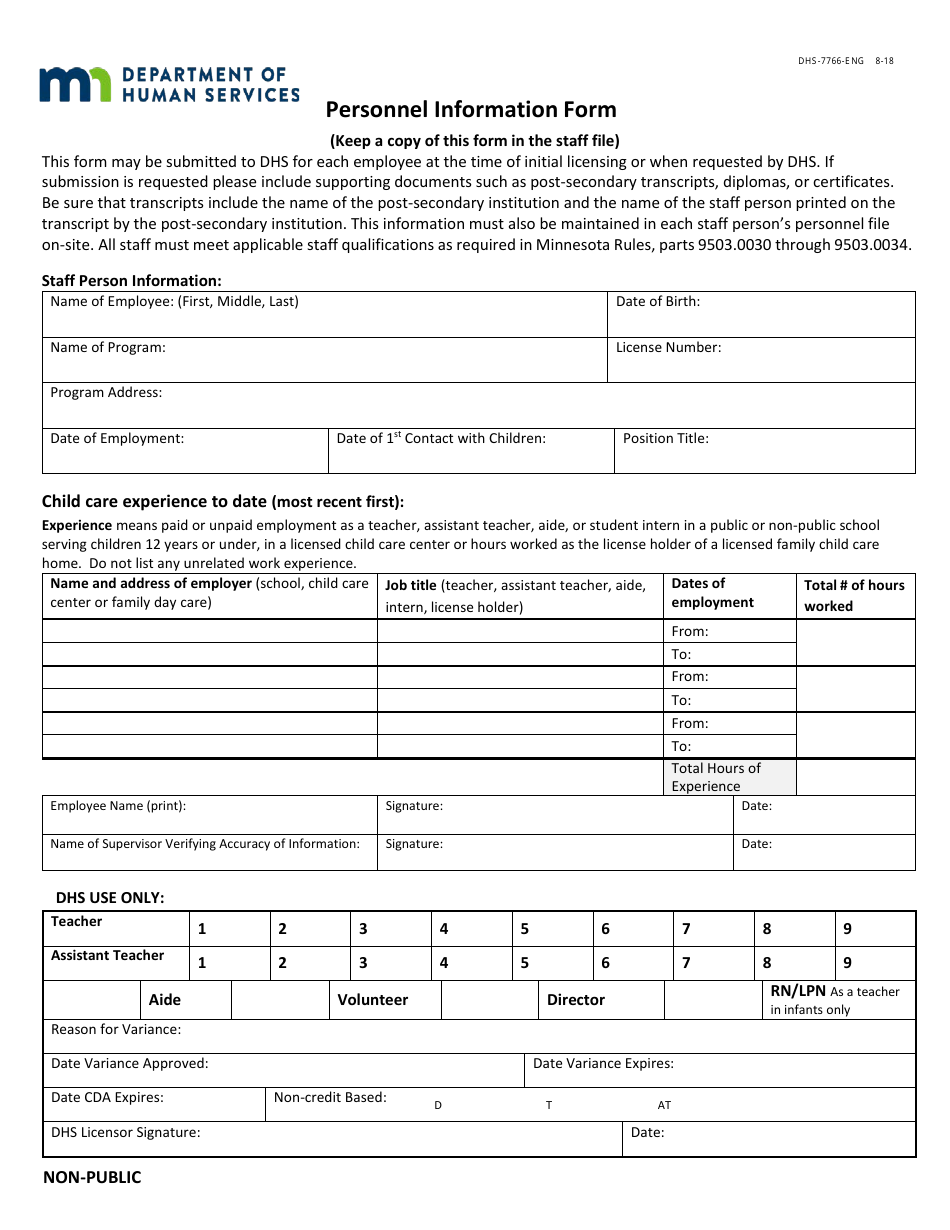 Form DHS-7766-ENG Personnel Information Form - Minnesota, Page 1