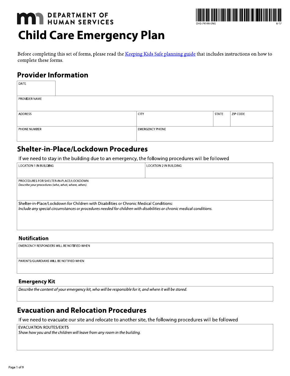Form DHS-7414A-ENG Child Care Emergency Plan - Minnesota, Page 1