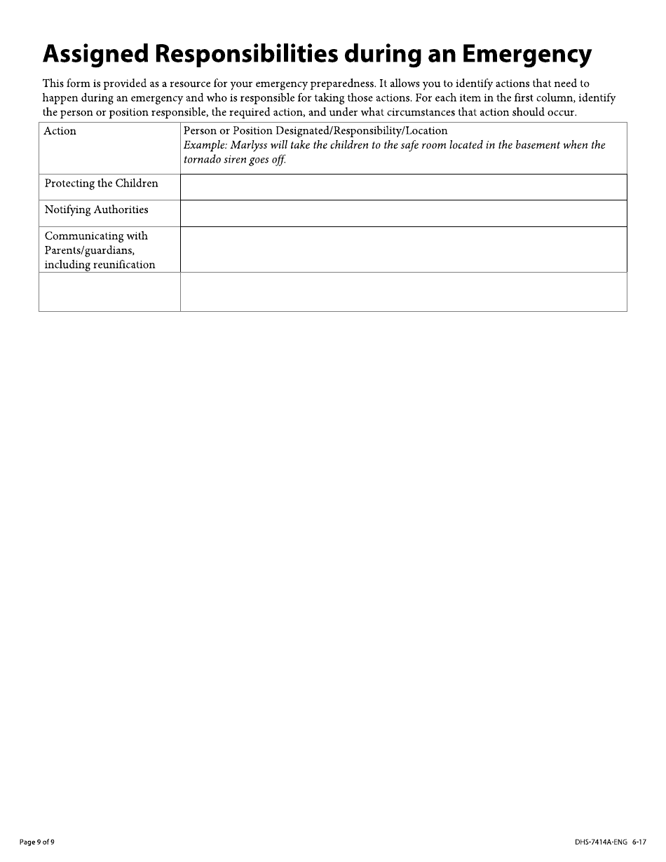 Form DHS-7414A-ENG Child Care Emergency Plan - Minnesota, Page 9
