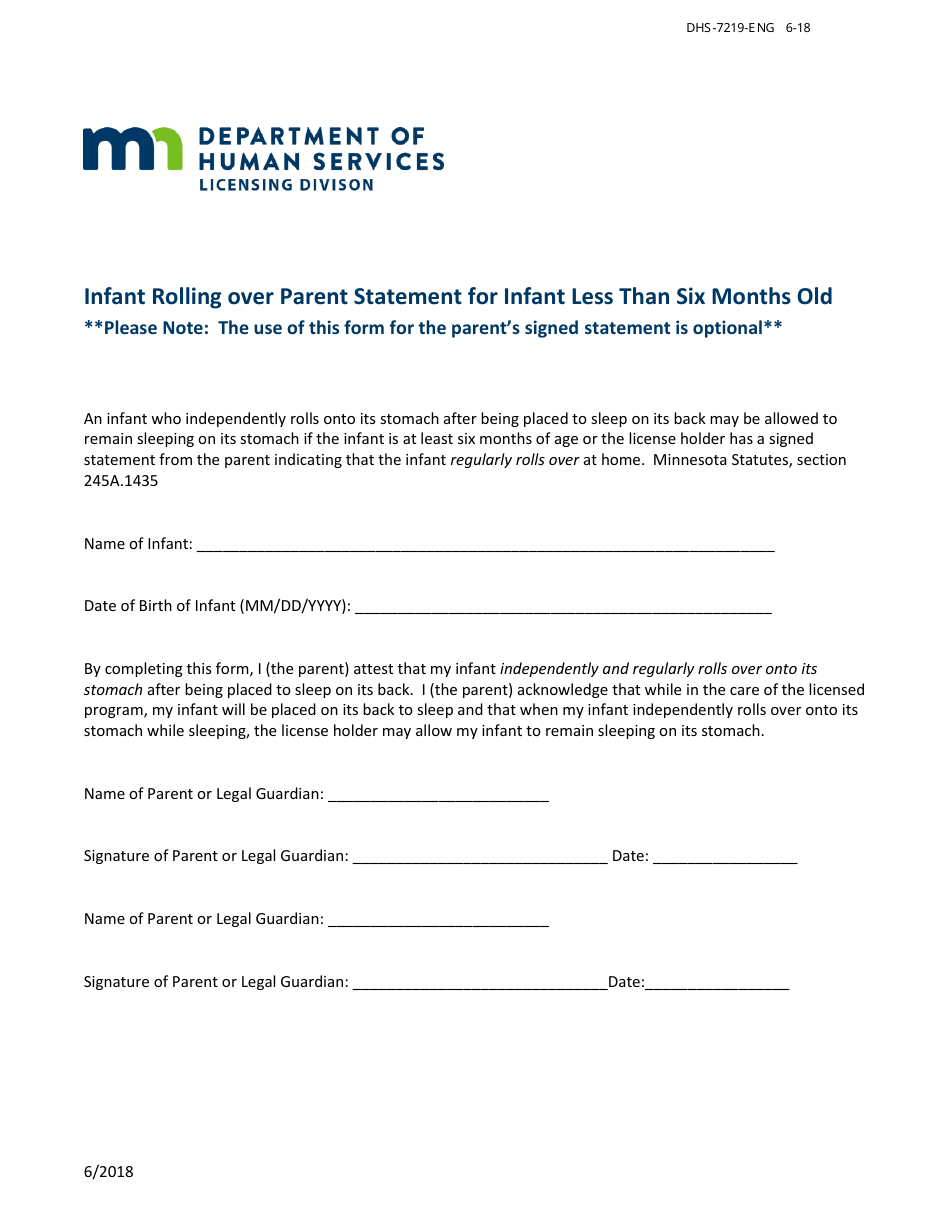 Form DHS-7219-ENG Infant Rolling Over Parent Statement for Infant Less Than Six Months Old - Minnesota, Page 1