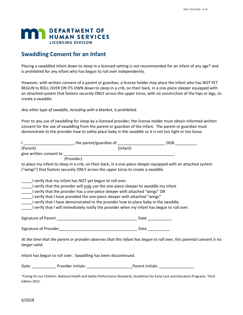 Form DHS-7218-ENG Swaddling Consent for an Infant - Minnesota, Page 1