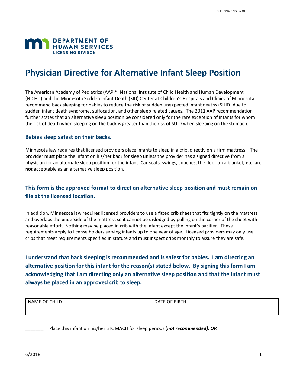 Form DHS-7216-ENG Physician Directive for Alternative Infant Sleep Position - Minnesota, Page 1