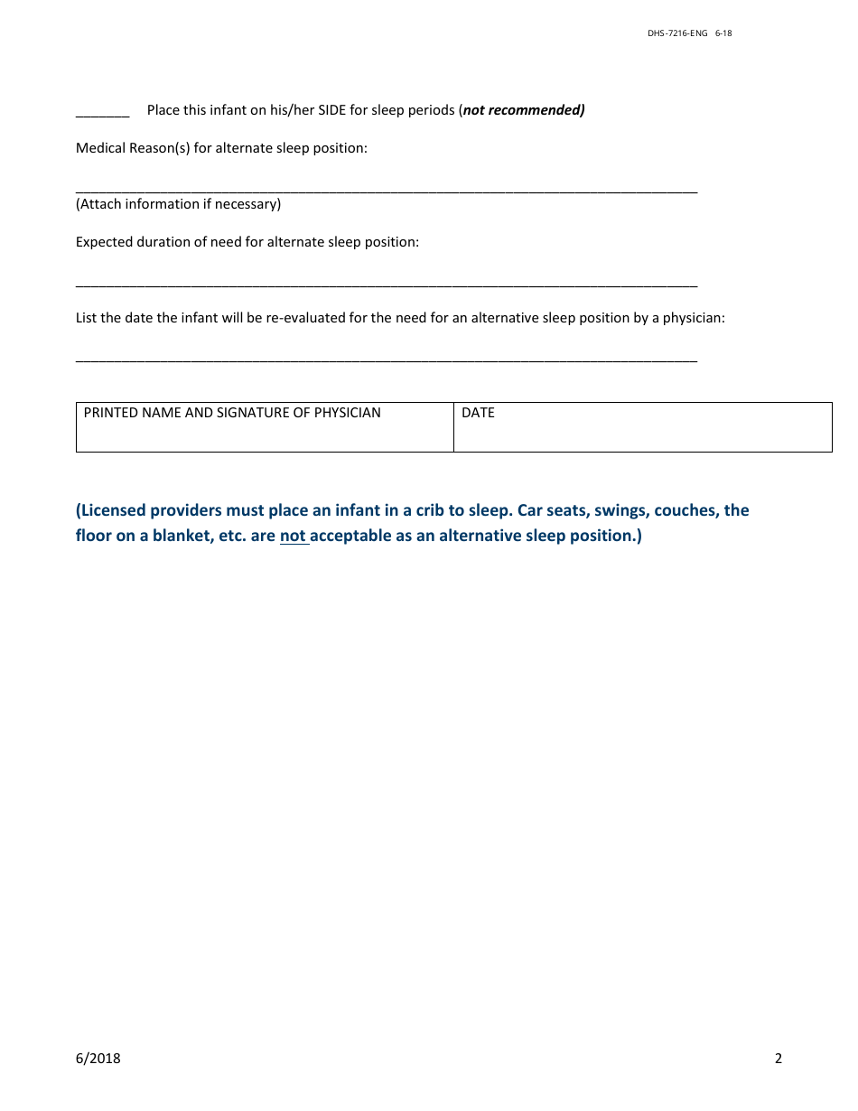 Form DHS-7216-ENG Physician Directive for Alternative Infant Sleep Position - Minnesota, Page 2