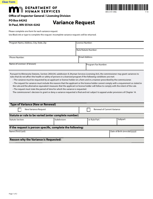 Form DHS-3141-ENG Variance Request - Minnesota