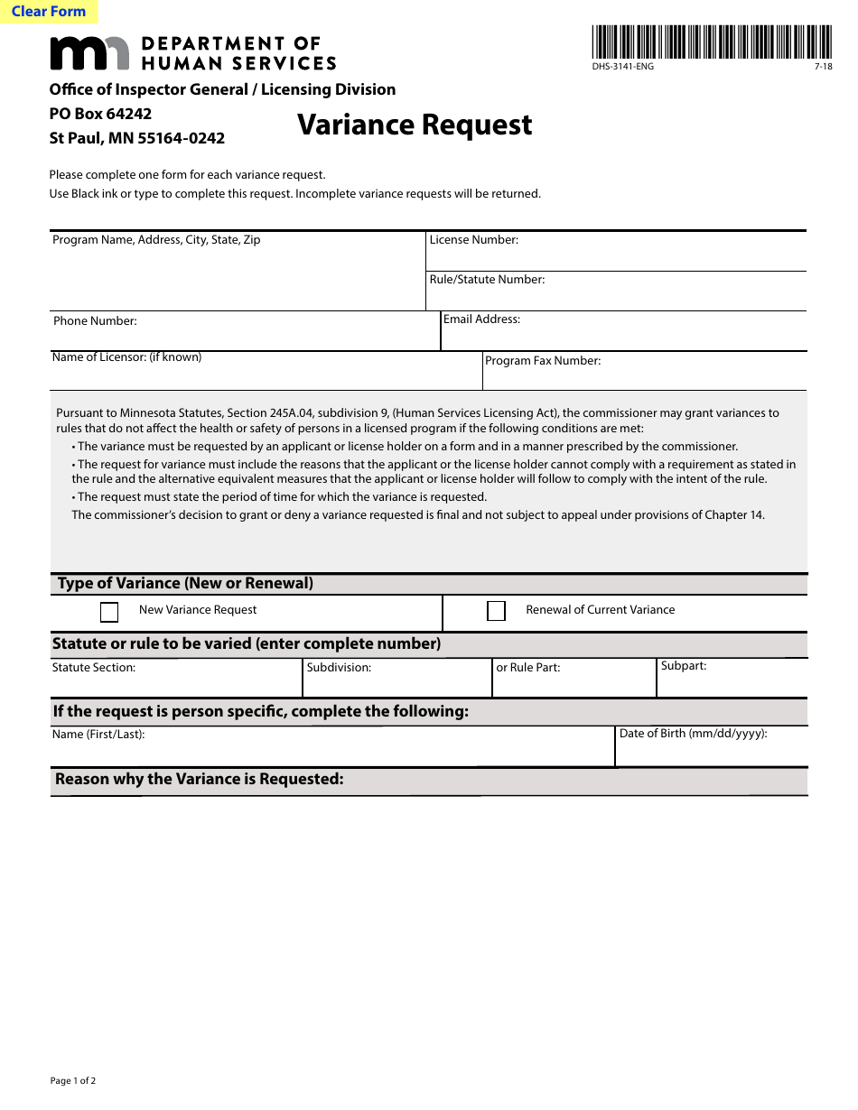 Form DHS-3141-ENG Variance Request - Minnesota, Page 1