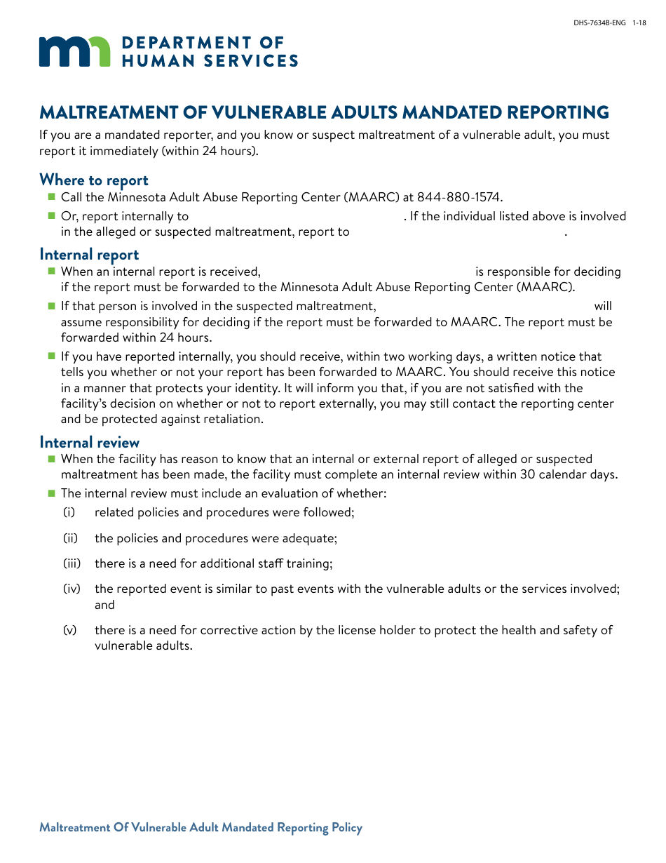Form DHS-7634B-ENG Maltreatment of Vulnerable Adults Mandated Reporting - Minnesota, Page 1