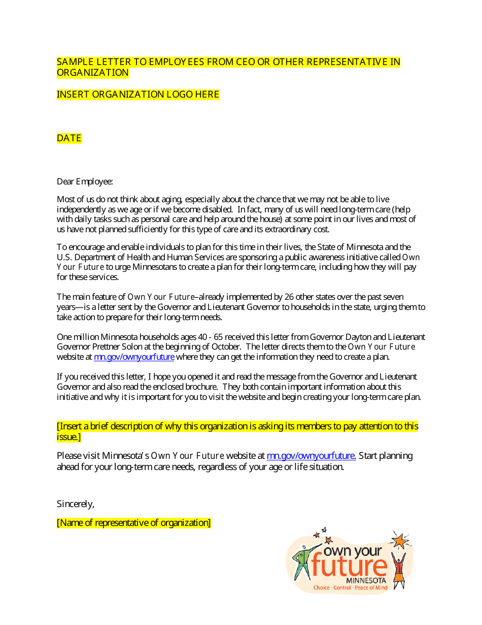 Sample Letter to Employees From Ceo or Other Representative in Organization - Minnesota, Page 1
