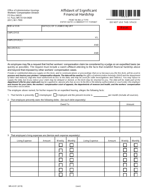 Form MN AS01 Affidavit of Significant Financial Hardship - Minnesota