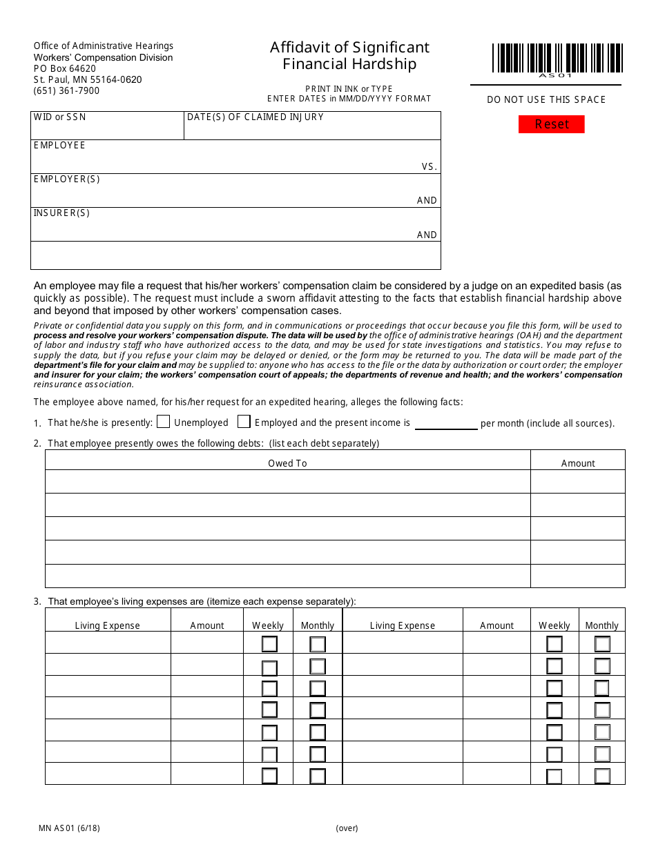 Form MN AS01 Affidavit of Significant Financial Hardship - Minnesota, Page 1