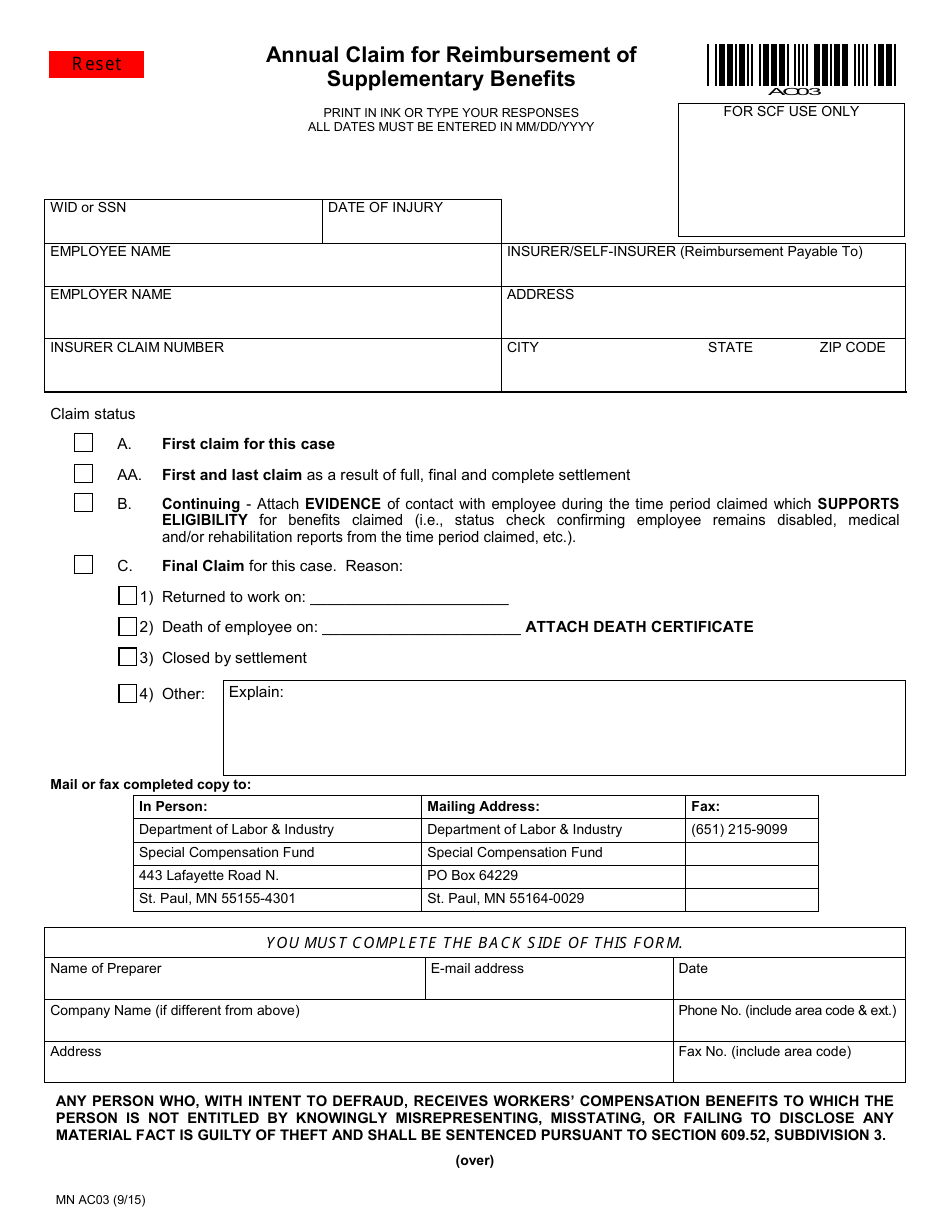 Form MN AC03 Download Fillable PDF or Fill Online Annual Claim for ...