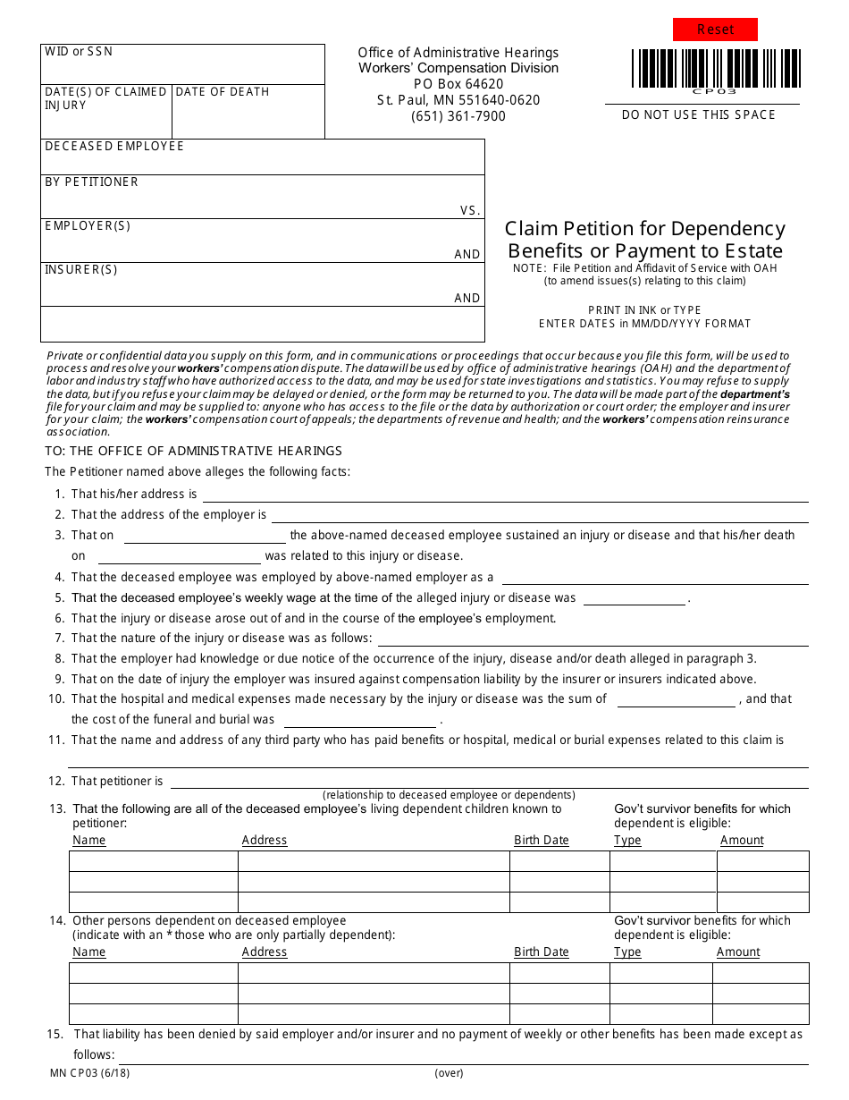 Form MN CP03 Claim Petition for Dependency Benefits or Payment to Estate - Minnesota, Page 1
