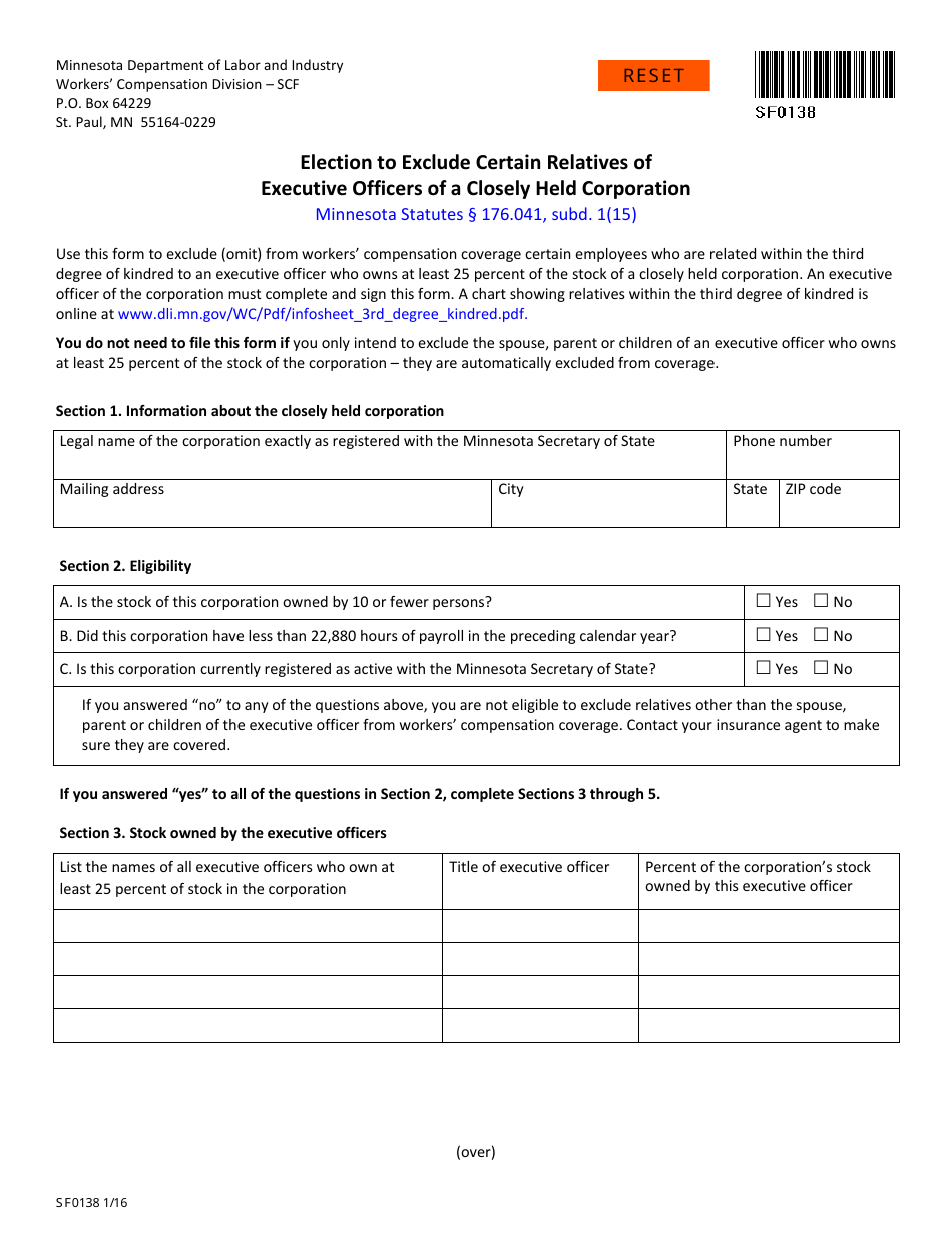 Form SF0138 Election to Exclude Certain Relatives of Executive Officers of a Closely Held Corporation - Minnesota, Page 1