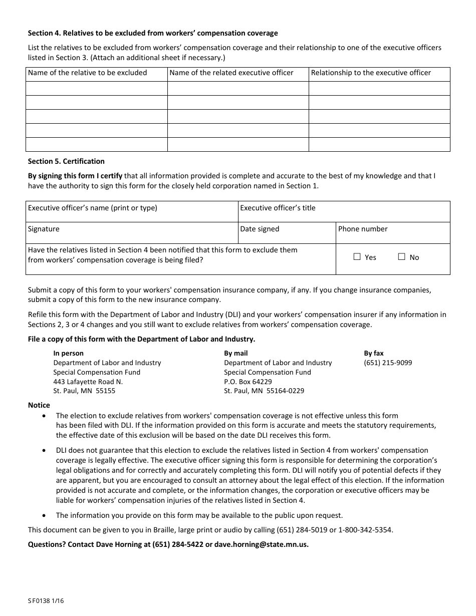Form SF0138 Election to Exclude Certain Relatives of Executive Officers of a Closely Held Corporation - Minnesota, Page 2
