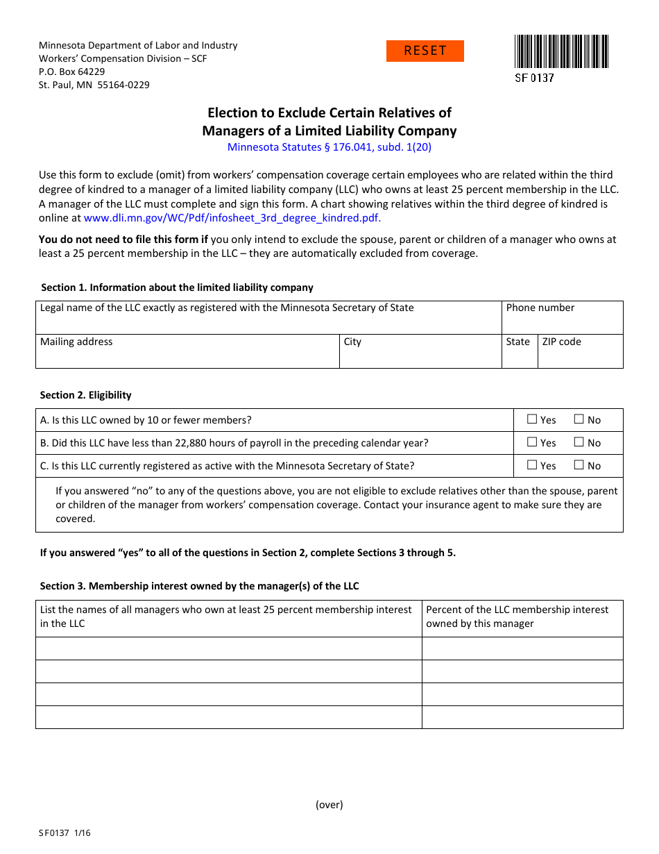 Form SF0137 Election to Exclude Certain Relatives of Managers of a Limited Liability Company - Minnesota, Page 1