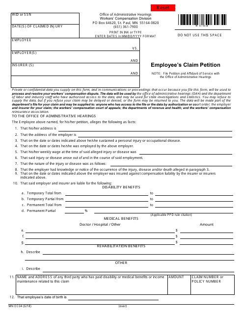 Form MN EC04 Employee's Claim Petition - Minnesota